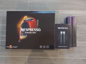 WHITE TABLE: Nespresso Essenza Mini Coffee Machine, Aeroccino Frother, & 20 pods