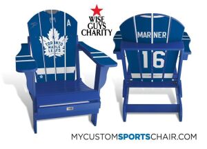 GOLD TABLE: Toronto Maple Leaf Muskoka chair signed by Mitch Marner & 100 year Anniversary Toronto Maple Leaf player Cards