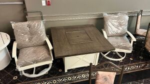 Platinum Table: Preston Bay Fire Table and 2 Preston Bay Swivel Lounge Chairs